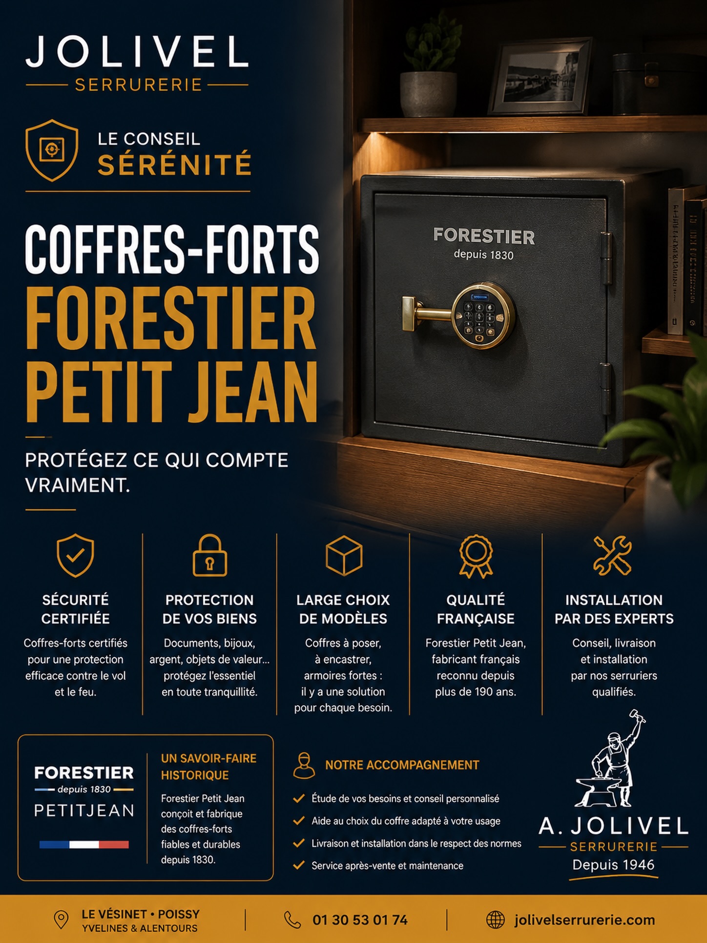 🔐 PROTÉGEZ CE QUI COMPTE VRAIMENT.

Vos bijoux 💎, documents importants 📄, objets de valeur 💰 ou souvenirs précieux ❤️ méritent une protection à la hauteur de leur importance.

Avec les coffres-forts Forestier Petit Jean, nous vous proposons des solutions de sécurité adaptées à vos besoins :

🛡️ Sécurité certifiée
🔒 Protection de vos biens
📦 Large choix de modèles
🇫🇷 Qualité et savoir-faire français
🔧 Installation par nos experts

De l’étude de vos besoins jusqu’à l’installation et au service après-vente, Jolivel Serrurerie vous accompagne pour choisir le coffre-fort adapté à votre usage.

🏆 Forestier Petit Jean — un savoir-faire historique depuis 1830.

Et depuis 1946, Jolivel Serrurerie met son expertise au service de votre sécurité.

📍 Le Vésinet • Poissy • Yvelines & alentours
📞 01 30 53 01 74
🌐 jolivelserrurerie.com

👉 Besoin de protéger vos biens ? Parlons-en !

#CoffreFort #Sécurité #ForestierPetitJean #Serrurerie #JolivelSerrurerie